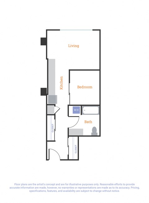 Floor plan for 1 bed, 1 bath, 575 sqft
